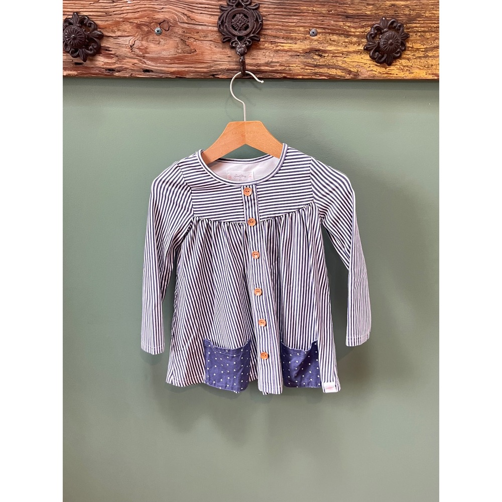 SweetHoney Girls Navy Blue White Striped Long Sleeve Tunic Top Button Front 5Y